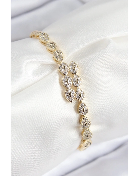 ® VIP Pirinç Zirkon Taşlı Sıralı Damla Model Gold Renk Kadın Bileklik