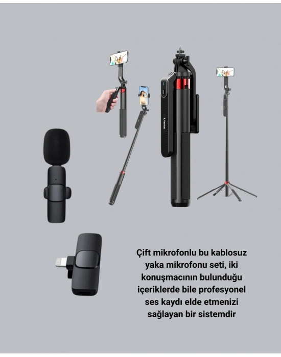 ® Vlog ve Canlı Yayın İçin Çift Yaka Mikrofonu ve Tripodlu Selfie Çubuğu Seti
