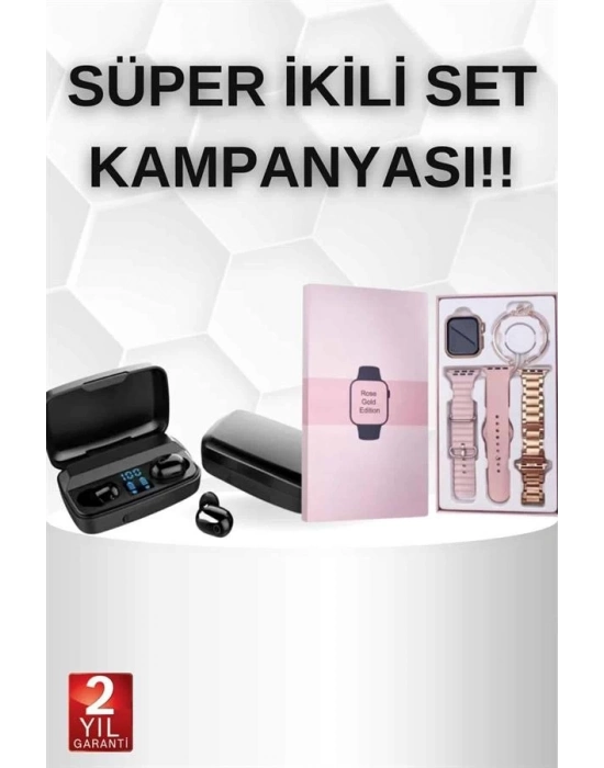 ® Wireless Şarjlı Pembe Akıllı Saat ve Kablosuz Bluetooth Kulaklık Dokunmatik Kontrol