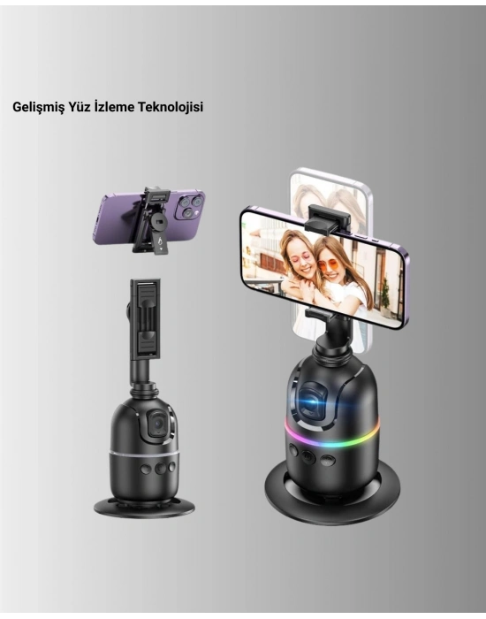 ® Yapay Zeka Destekli Yüz Takip Özellikli 360 Derece Dönen Masaüstü Telefon Sabitleyici