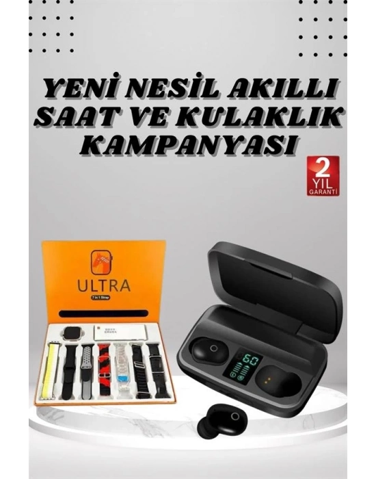 ® Yeni Nesil Akıllı Saat ve Bluetooth Kulaklık Kampanyası Dokunmatik Kare 7 Kordonlu