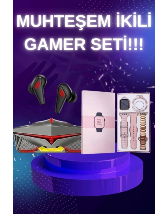 ® Yeni Nesil Pembe Dokunmatik Ekran Akıllı Saat ve Oyuncu Kulaklığı Kablosuz Bluetooth Kulaklık