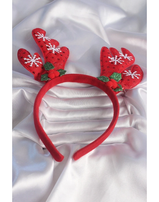 ® Yılbaşı Temalı Kar Tanesi İşleme Detay Geyik Boynuzu Figürlü Taç