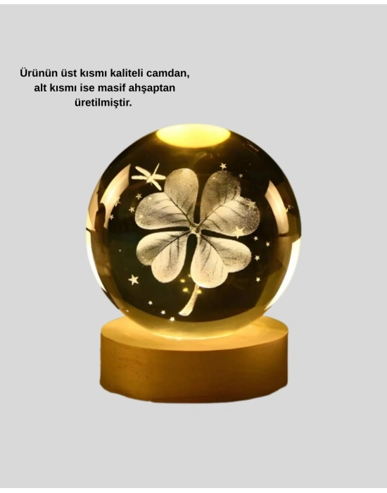 Yonca Figürlü Cam Küre USB Işıklı Ahşap Tabanlı Dekoratif Masa Lambası