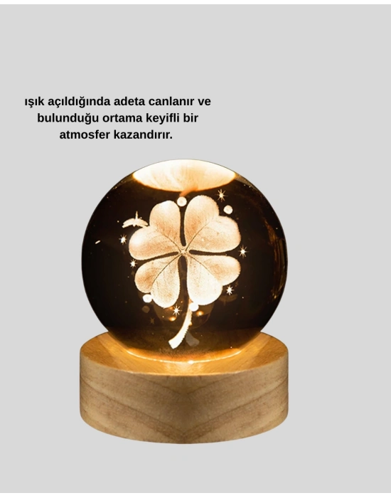 Yonca Figürlü Cam Küre USB Işıklı Ahşap Tabanlı Dekoratif Masa Lambası