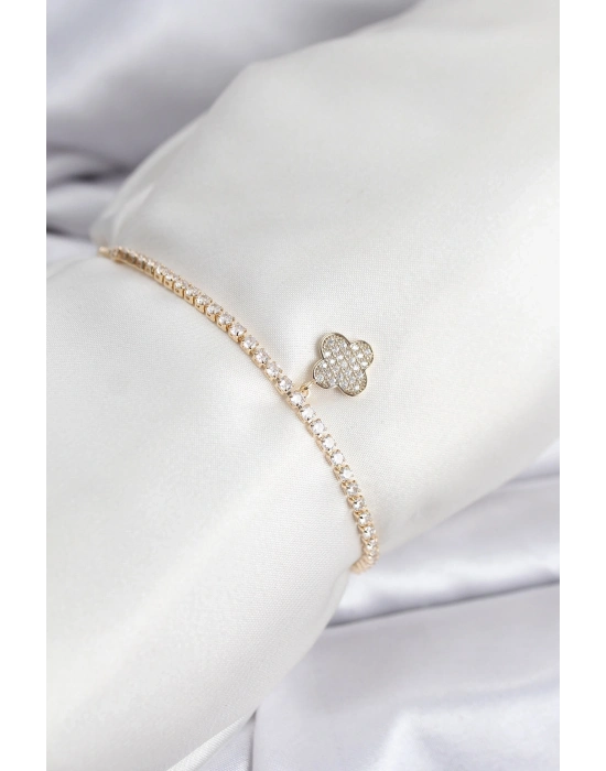 ® Yonca Model Zirkon Taşlı Gold Renk Asansörlü Su Yolu Bileklik