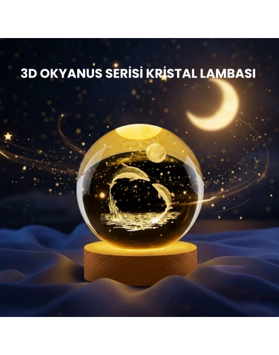 ® Yunus Figürlü LED Kristal Küre Ahşap Standlı Dekoratif Gece Lambası