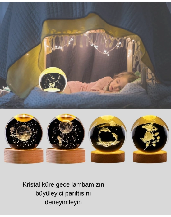 ® Yunus Temalı Kristal Küre USB Işıklı Ahşap Altlıklı Gece Lambası