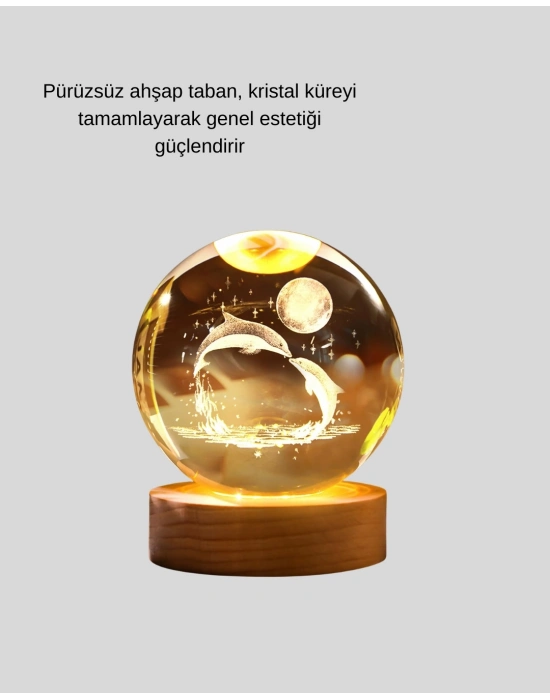® Yunus Temalı Kristal Küre USB Işıklı Ahşap Altlıklı Gece Lambası