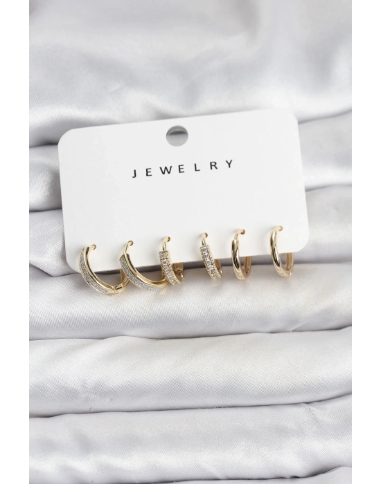 ® Zirkon Taşlı Gold Renk Pirinç Kadın Küpe Seti
