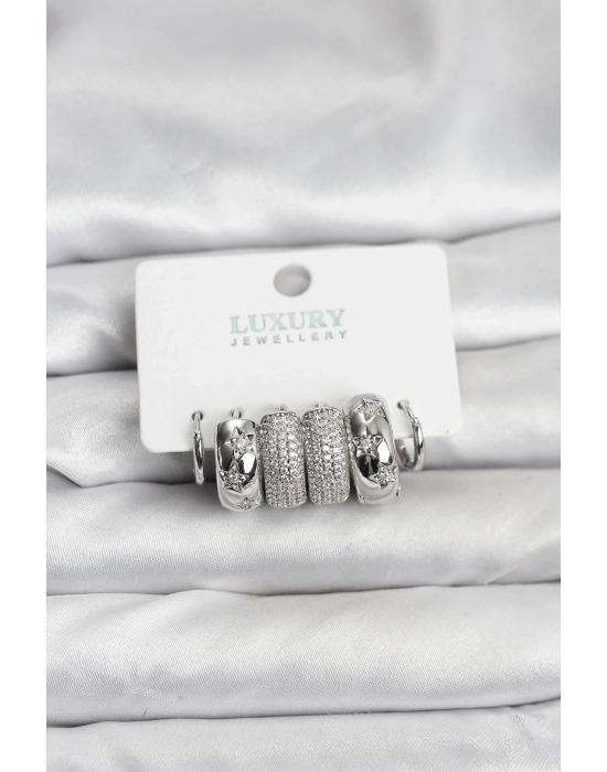 ® Zirkon Taşlı Pirinç Gümüş Renk Halka Kadın Küpe Seti