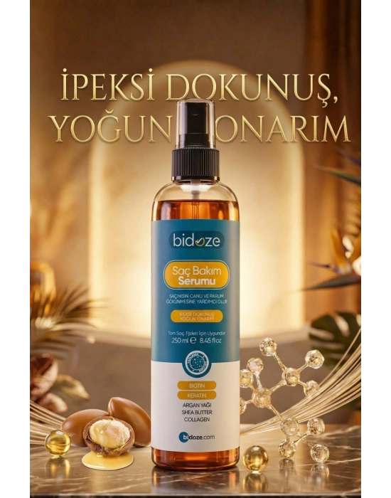 ® Bidoze Besleyici Onarıcı Yoğun Saç Bakım Serumu 250 ML | Argan Keratin Biotin Kolajen Zengin İçerikli | Kabarma Önleyici & Isı Koruyucu