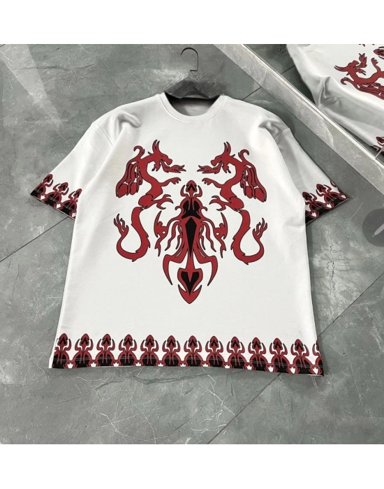 Bisiklet Yaka Baskılı Oversize T-Shirt - Beyaz -