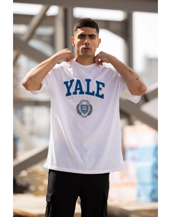 Bisiklet Yaka Baskılı Oversize T-Shirt - Beyaz -