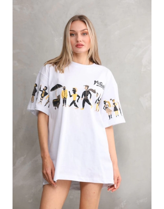 Bisiklet Yaka Baskılı Oversize T-Shirt - Beyaz -
