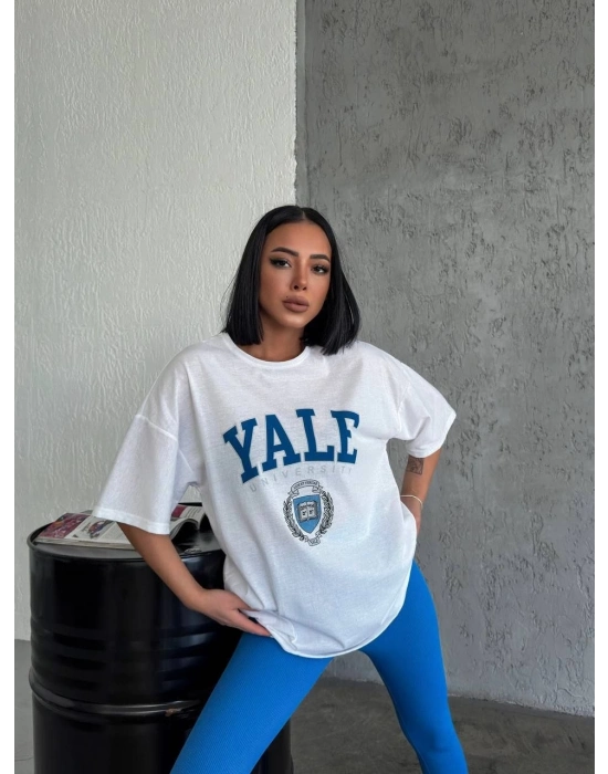 Bisiklet Yaka Baskılı Oversize T-Shirt - Beyaz