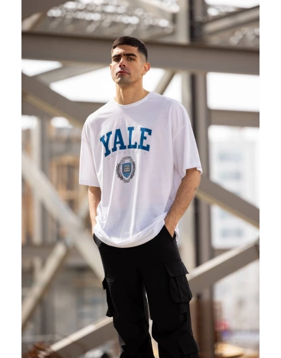 Bisiklet Yaka Baskılı Oversize T-Shirt - Beyaz -