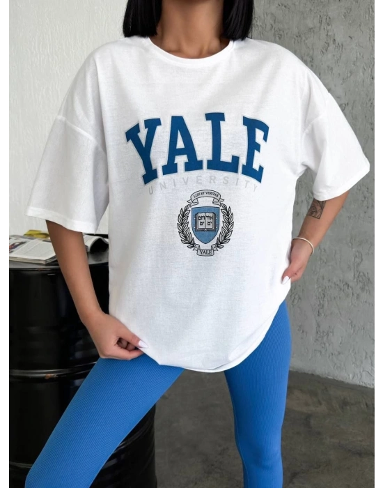 Bisiklet Yaka Baskılı Oversize T-Shirt - Beyaz