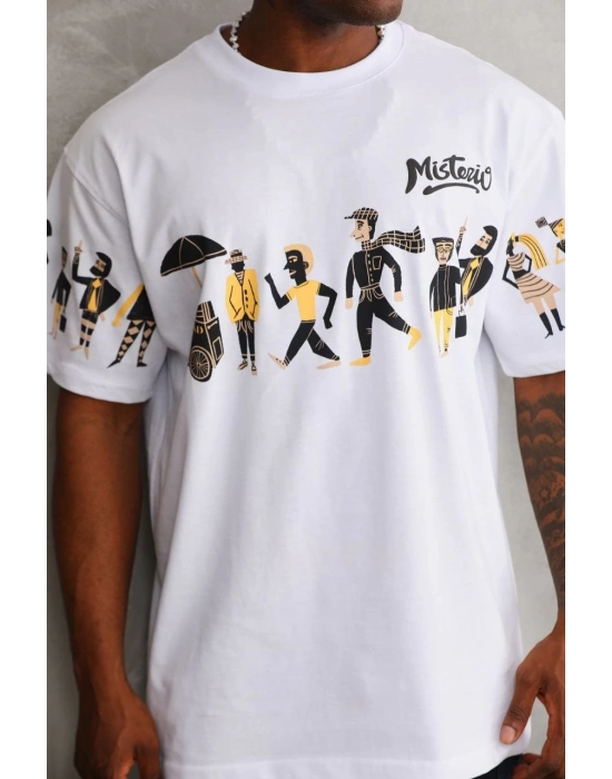 Bisiklet Yaka Baskılı Oversize T-Shirt - Beyaz -