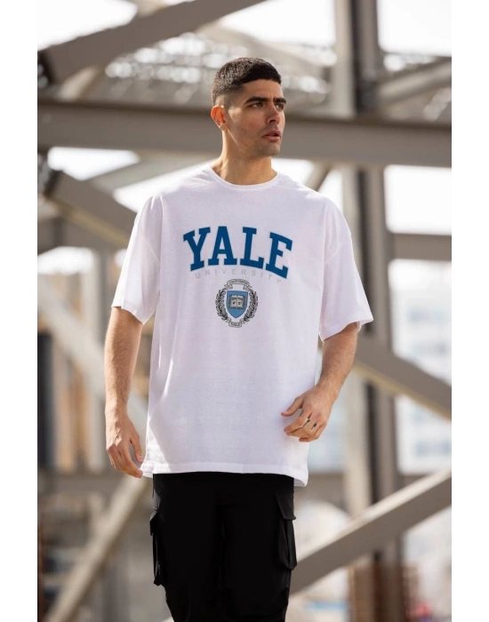 Bisiklet Yaka Baskılı Oversize T-Shirt - Beyaz -