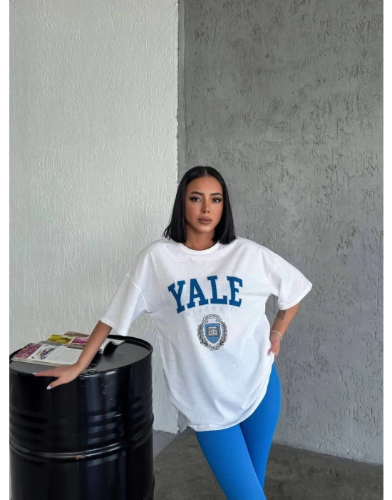 Bisiklet Yaka Baskılı Oversize T-Shirt - Beyaz