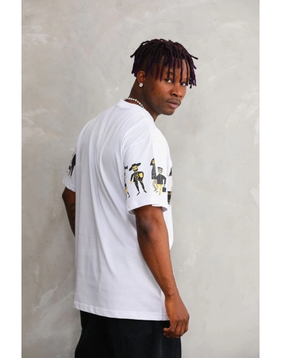 Bisiklet Yaka Baskılı Oversize T-Shirt - Beyaz -