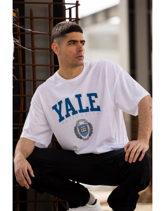 Bisiklet Yaka Baskılı Oversize T-Shirt - Beyaz -