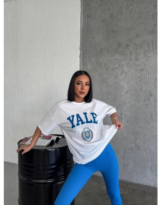 Bisiklet Yaka Baskılı Oversize T-Shirt - Beyaz