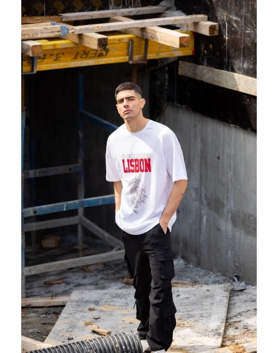 Bisiklet Yaka Baskılı Oversize T-Shirt - Beyaz -