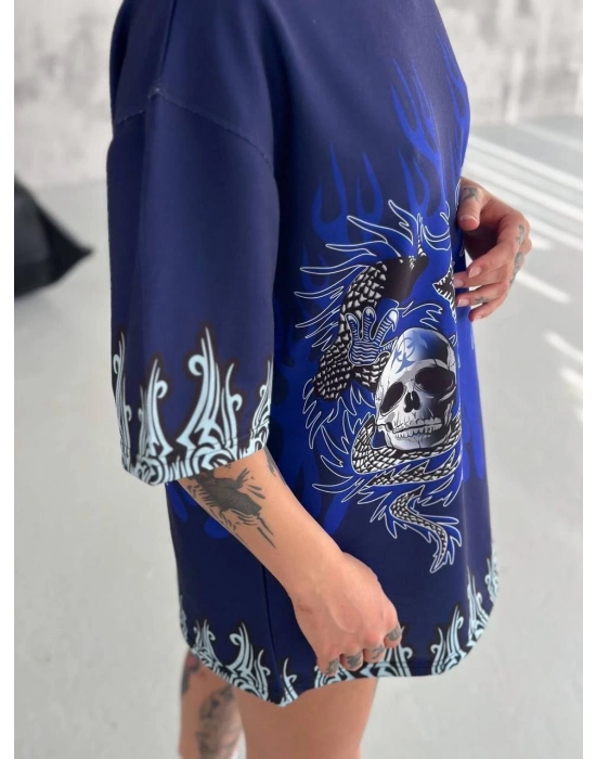 Bisiklet Yaka Baskılı Oversize T-Shirt - Lacivert -