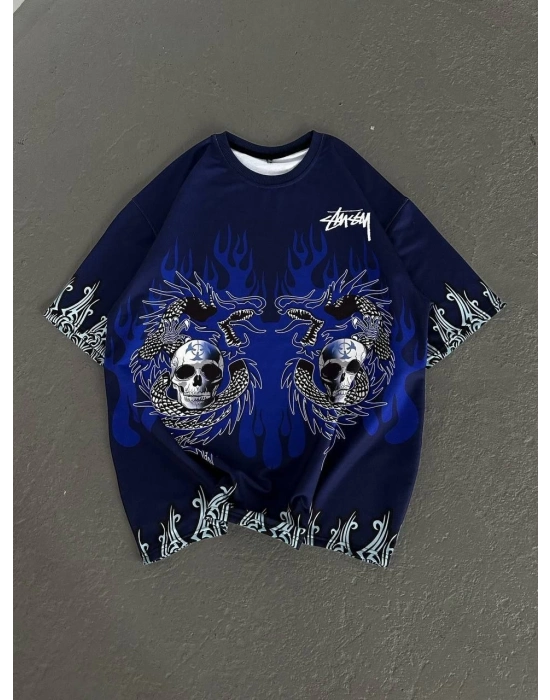 Bisiklet Yaka Baskılı Oversize T-Shirt - Lacivert -