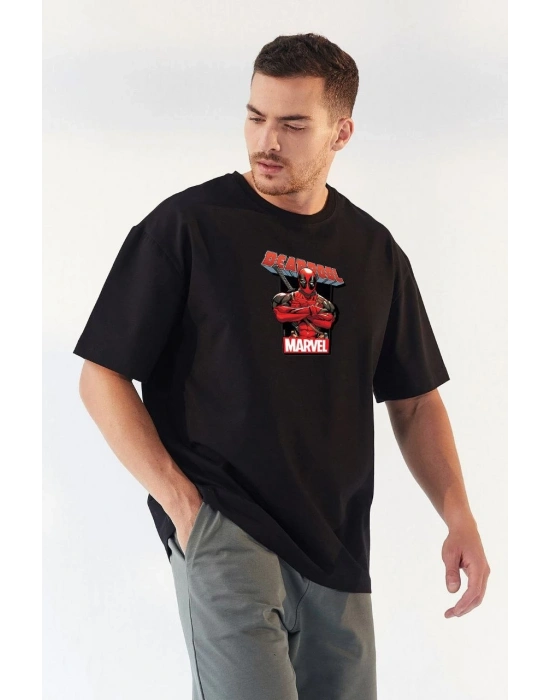 Bisiklet Yaka Baskılı Oversize T-Shirt - Siyah -