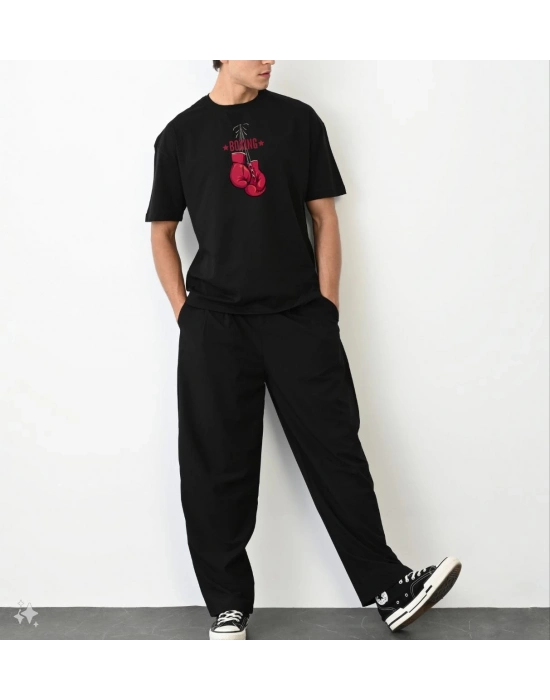 Bisiklet Yaka Baskılı Oversize T-Shirt - Siyah -