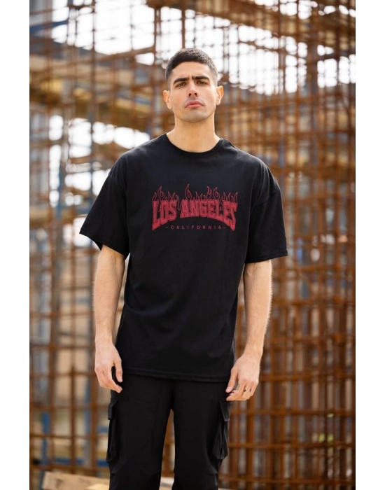 Bisiklet Yaka Baskılı Oversize T-Shirt - Siyah -