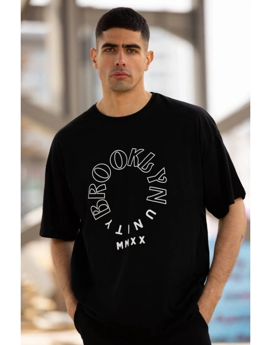 Bisiklet Yaka Baskılı Oversize T-Shirt - Siyah -