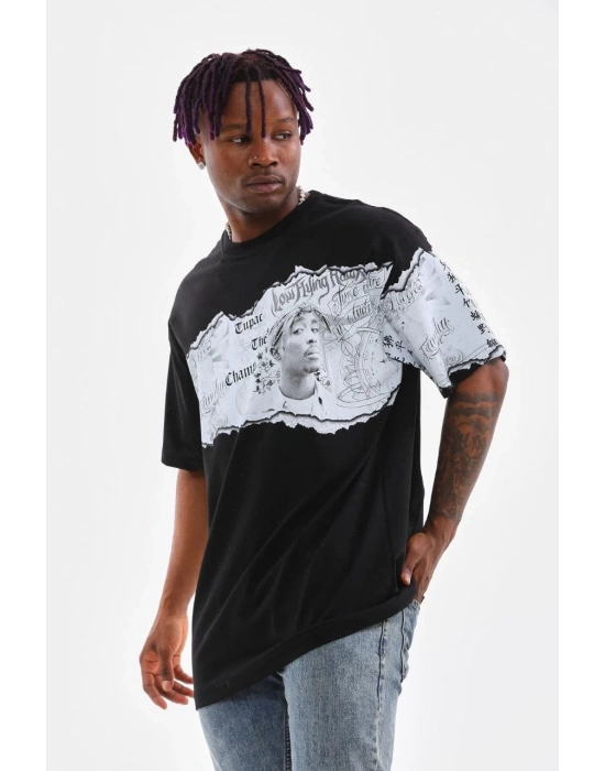 Bisiklet Yaka Baskılı Oversize T-Shirt - Siyah -