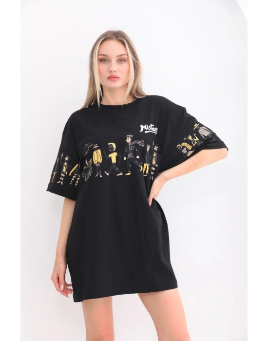 Bisiklet Yaka Baskılı Oversize T-Shirt - Siyah -