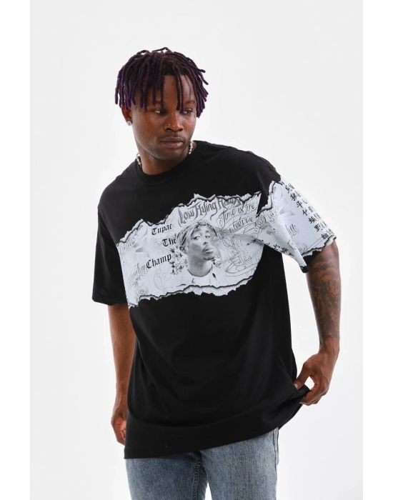 Bisiklet Yaka Baskılı Oversize T-Shirt - Siyah -