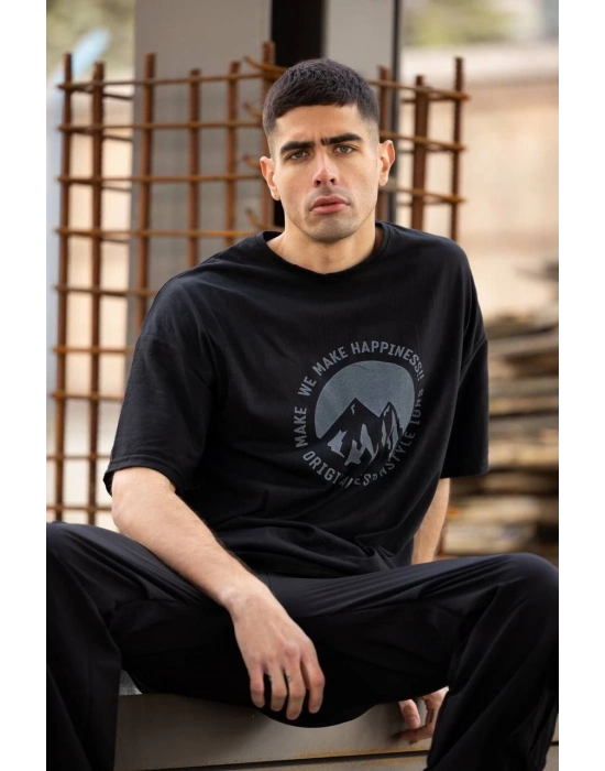 Bisiklet Yaka Baskılı Oversize T-Shirt - Siyah -