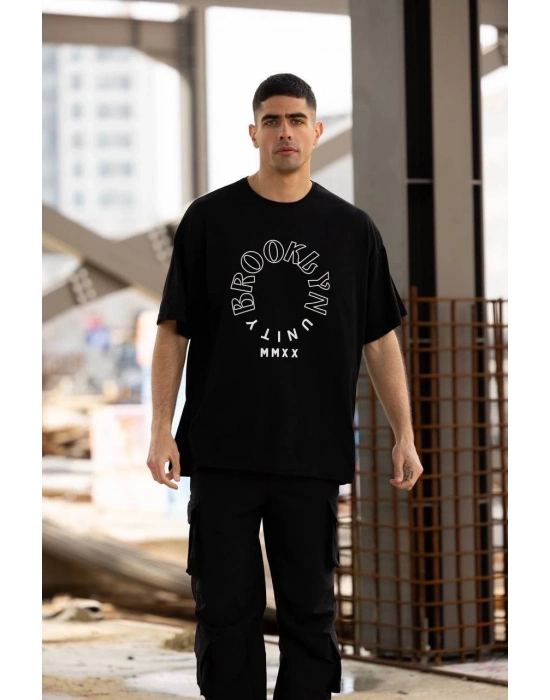 Bisiklet Yaka Baskılı Oversize T-Shirt - Siyah -