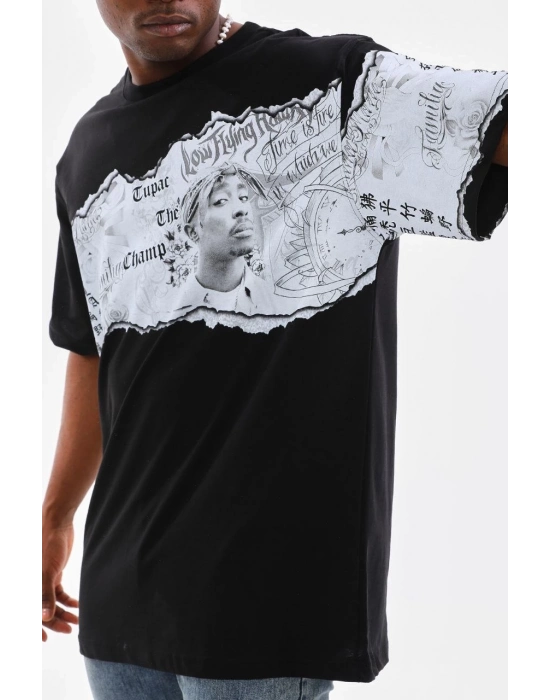 Bisiklet Yaka Baskılı Oversize T-Shirt - Siyah -