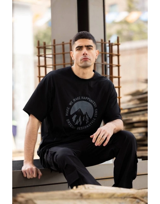 Bisiklet Yaka Baskılı Oversize T-Shirt - Siyah -