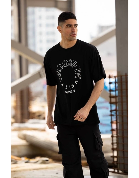 Bisiklet Yaka Baskılı Oversize T-Shirt - Siyah -