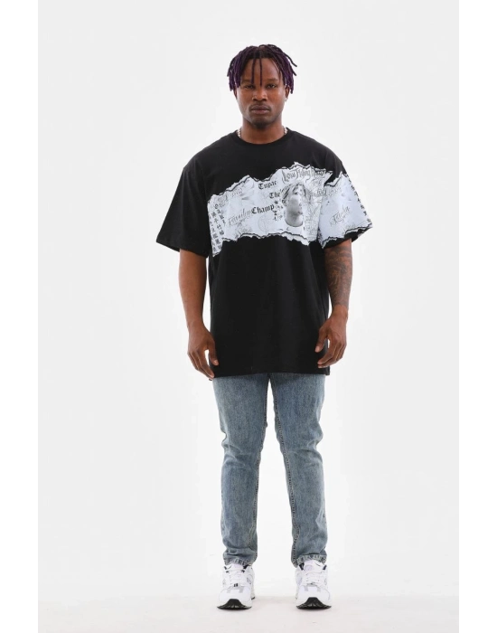 Bisiklet Yaka Baskılı Oversize T-Shirt - Siyah -