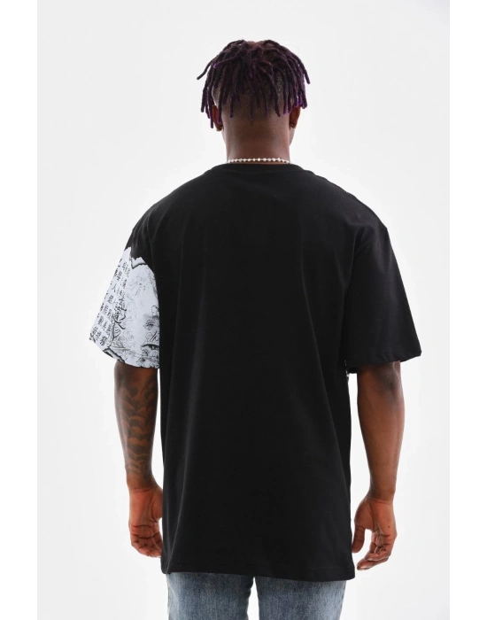 Bisiklet Yaka Baskılı Oversize T-Shirt - Siyah -