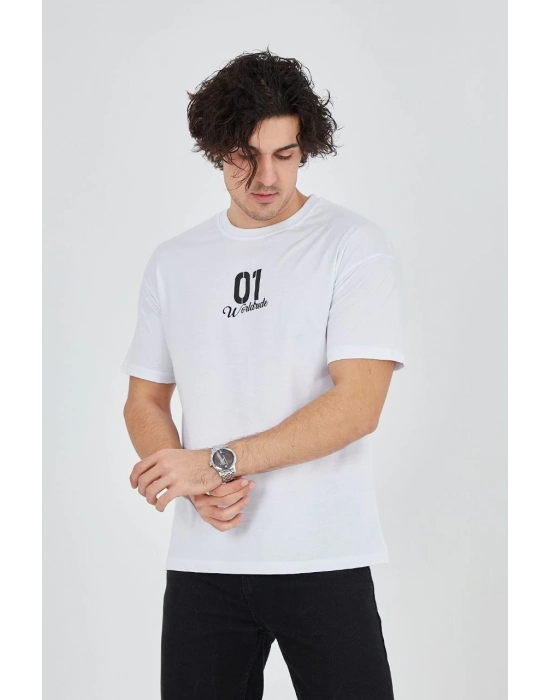 Bisiklet Yakalı Baskılı T-Shirt - Beyaz