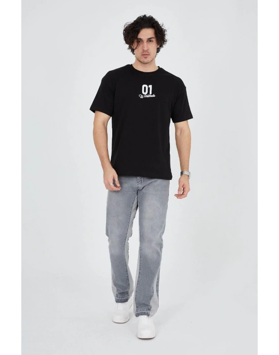 Bisiklet Yakalı Baskılı T-Shirt - Siyah