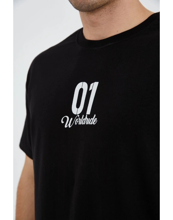 Bisiklet Yakalı Baskılı T-Shirt - Siyah