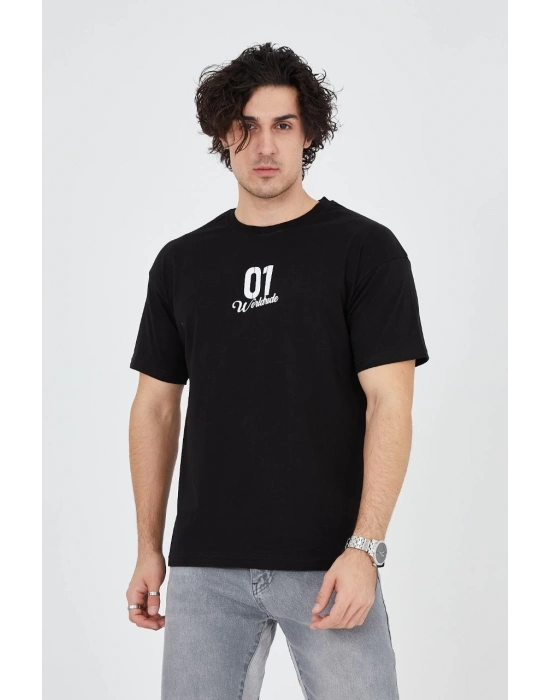 Bisiklet Yakalı Baskılı T-Shirt - Siyah