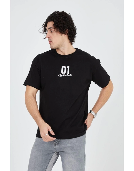 Bisiklet Yakalı Baskılı T-Shirt - Siyah